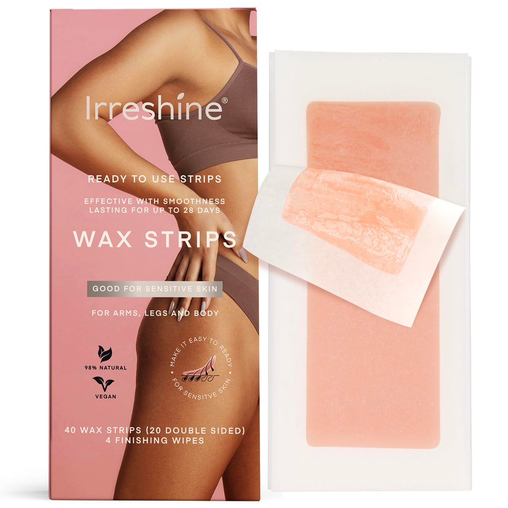 irreshine wax strips packaging shows vegan 40-count kit for home waxing