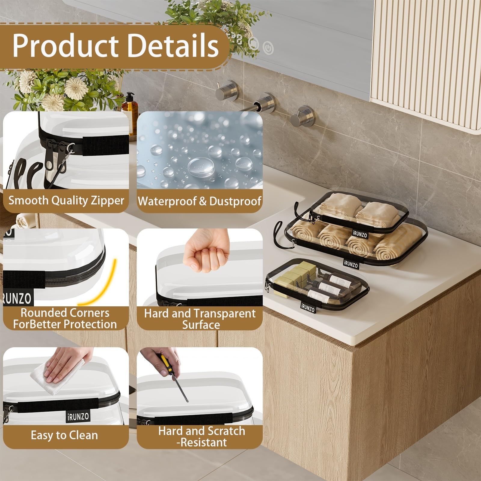 iRUNZO clear hard shell case cosmetics-storage illustrates easy view and access to makeup essentials.