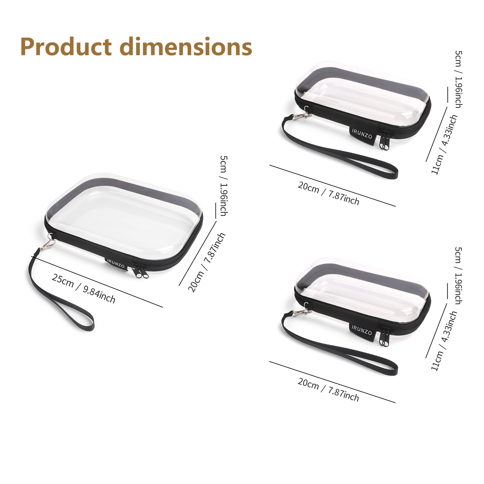 iRUNZO clear hard shell case double-zipper demonstrates easy access and organized cosmetics on the go.