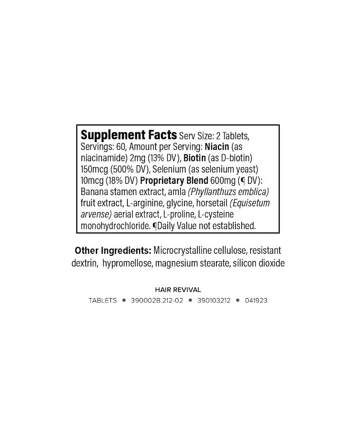 Isagenix Hair Revival ingredients chart emphasizes biotin, amino acids, and banana flower benefits