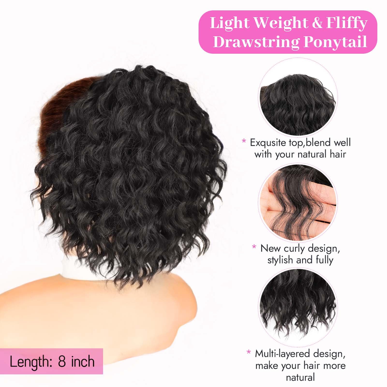 Isaic pony-tail-8inch-jet-black-synthetic-hair highlights rich color and full volume.