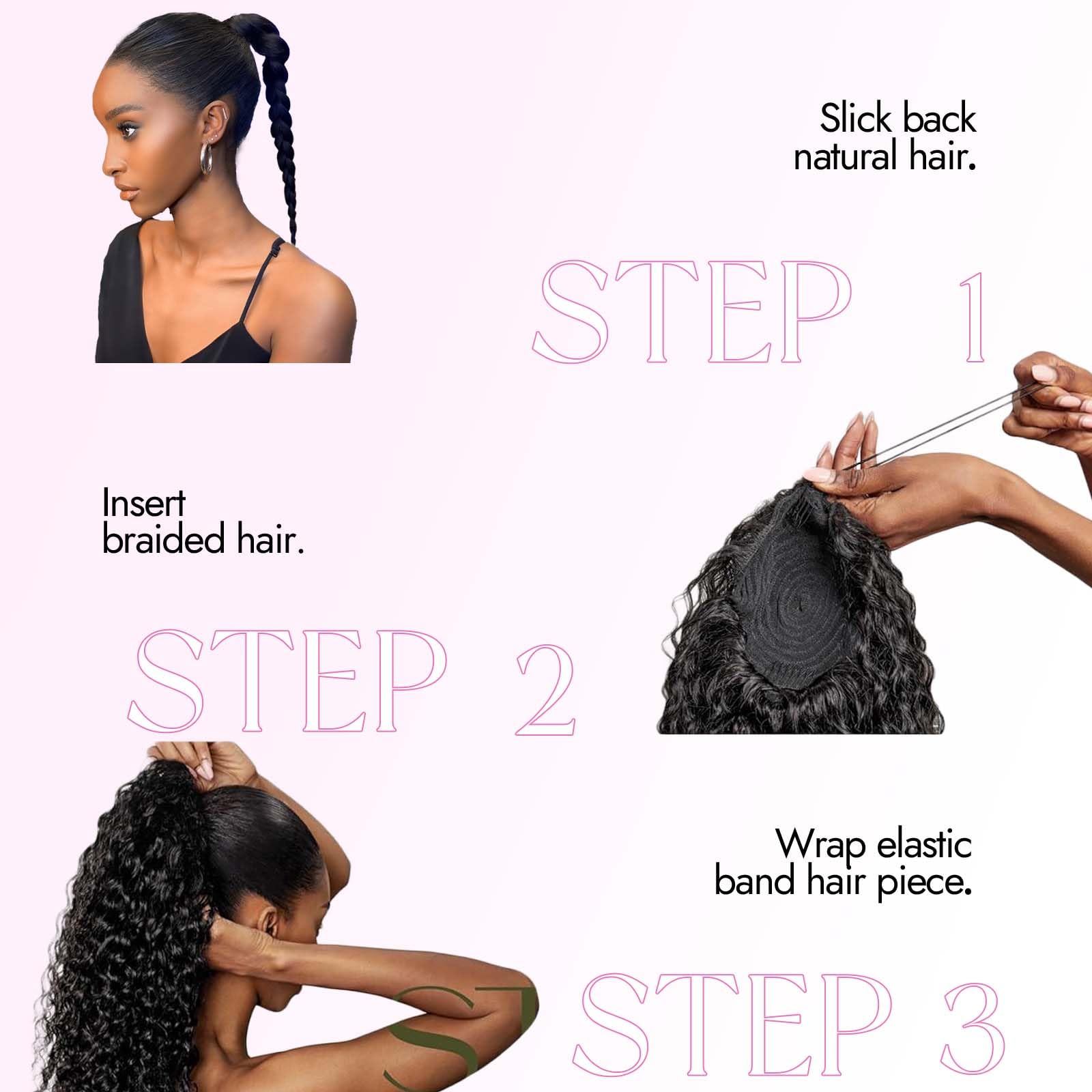 Isaic pony-tail-8inch-secured-with-bobby-pins demonstrates easy, quick styling in minutes.