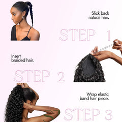 Isaic pony-tail-8inch-secured-with-bobby-pins demonstrates easy, quick styling in minutes.