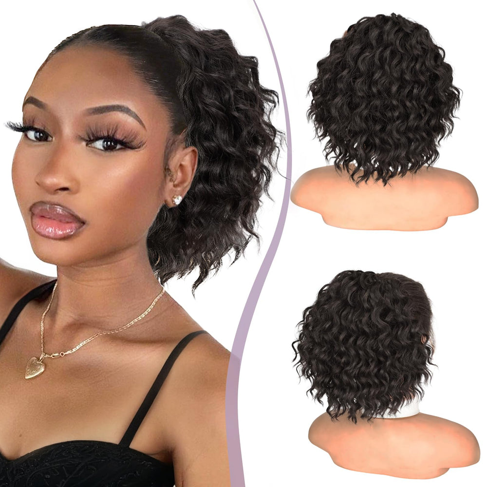 Isaic Ponytail Extension 8in Curly drawstring shows voluminous natural black waves for daily wear.