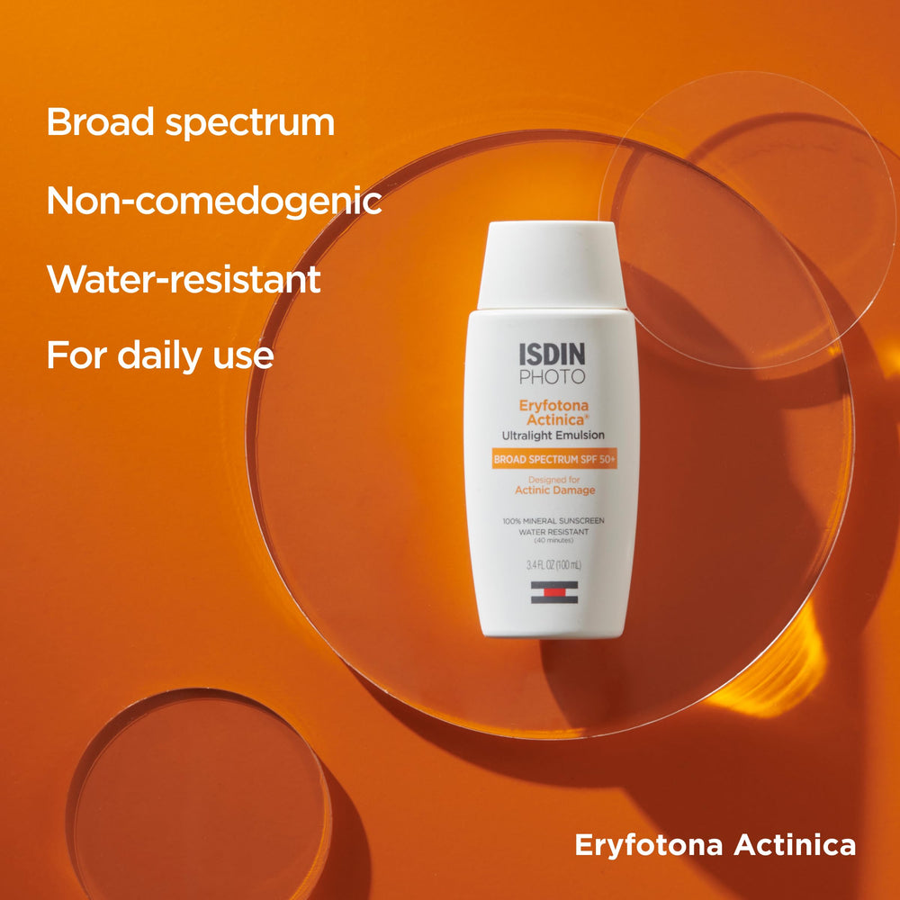 ISDIN Eryfotona Actinica highlights Vitamin E and DNA Repairsomes for skin support.