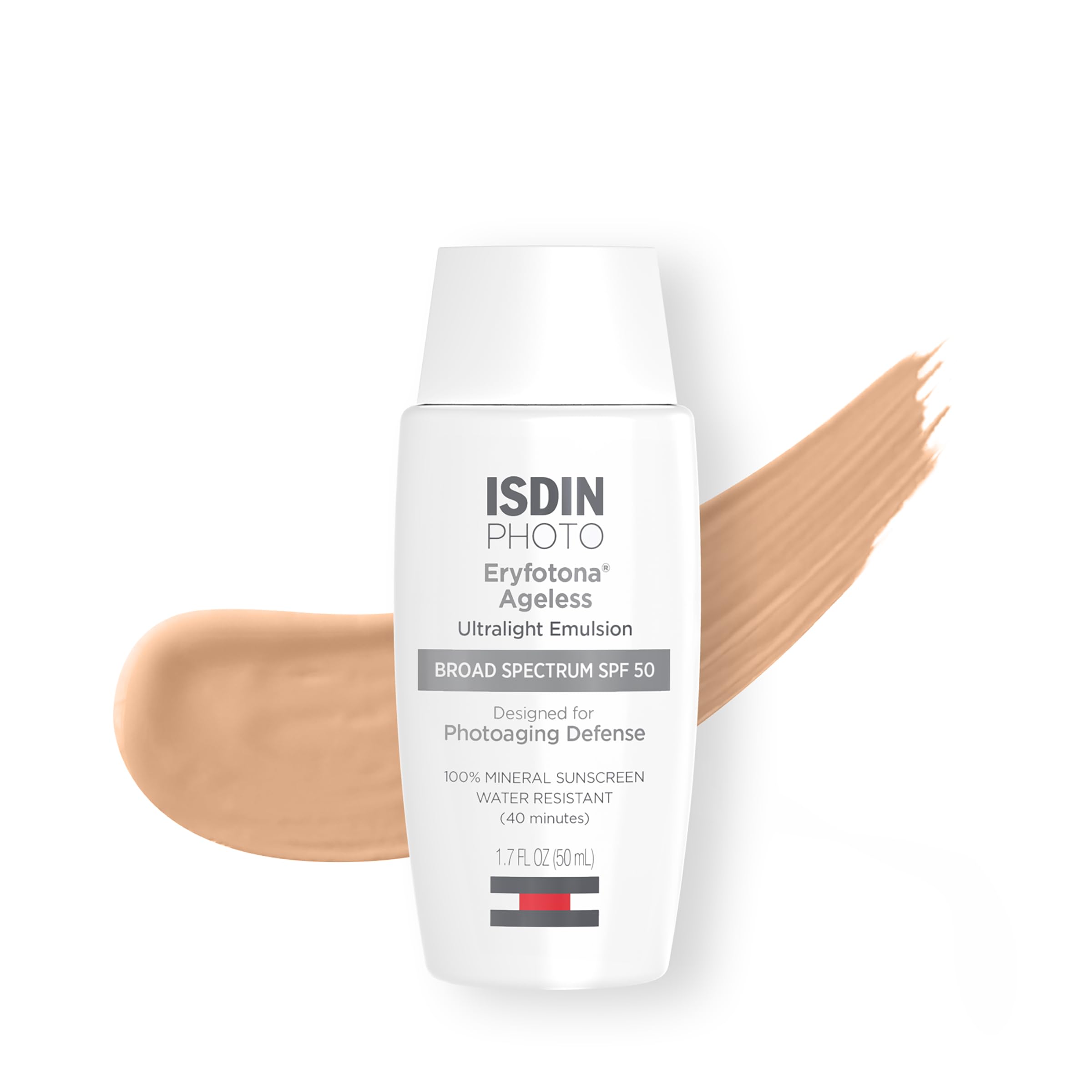 ISDIN Eryfotona Ageless tinted sunscreen in application view with SPF protection and sheer coverage
