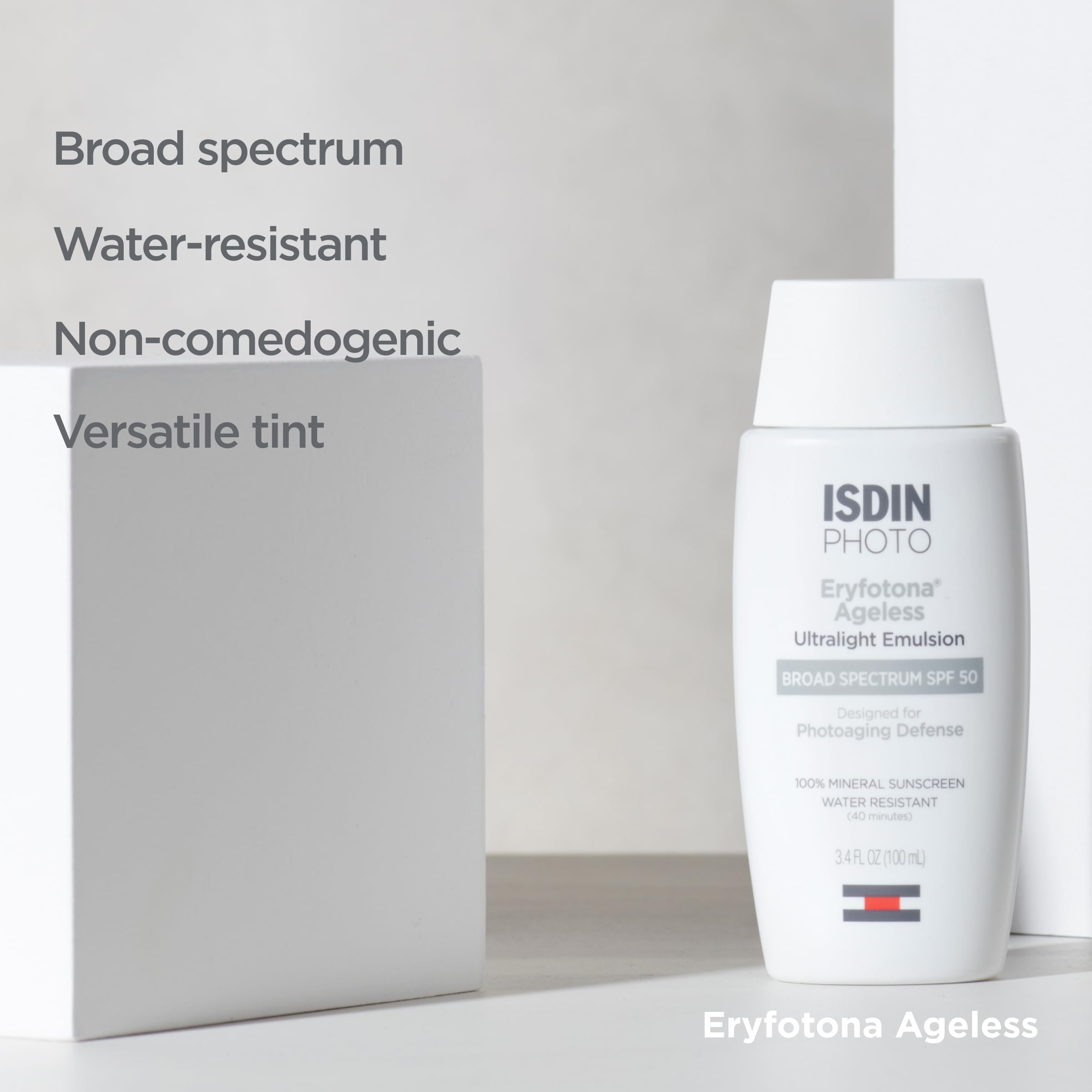 ISDIN Eryfotona Ageless tinted sunscreen being applied before makeup routine.