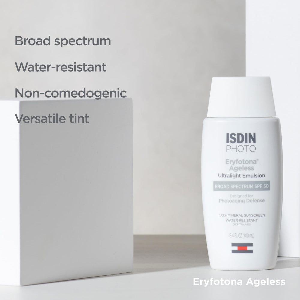 ISDIN Eryfotona Ageless tinted sunscreen being applied before makeup routine.