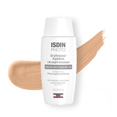 ISDIN Eryfotona Ageless tinted sunscreen bottle front with travel-friendly size and SPF.