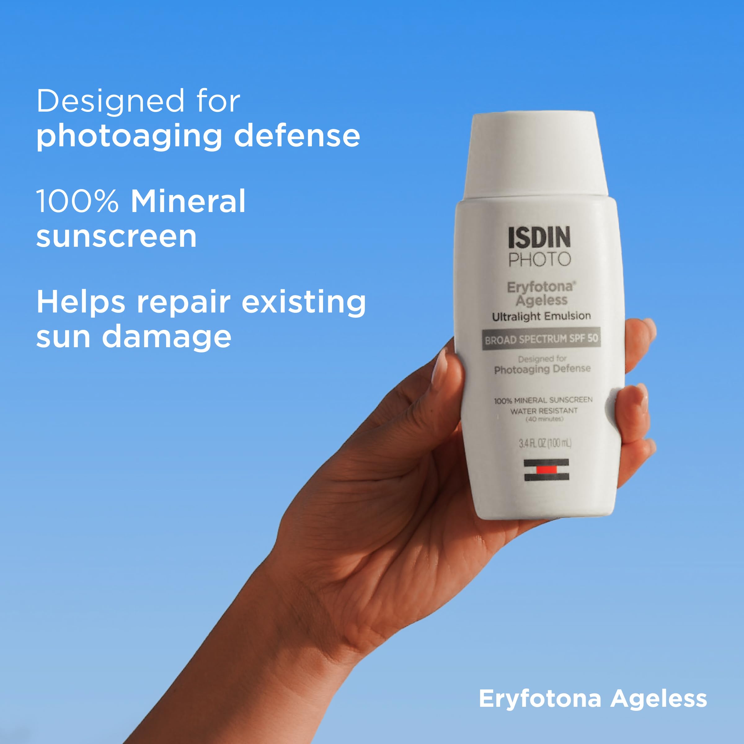 ISDIN Eryfotona Ageless tinted sunscreen on skin demonstrates even tone and natural finish.
