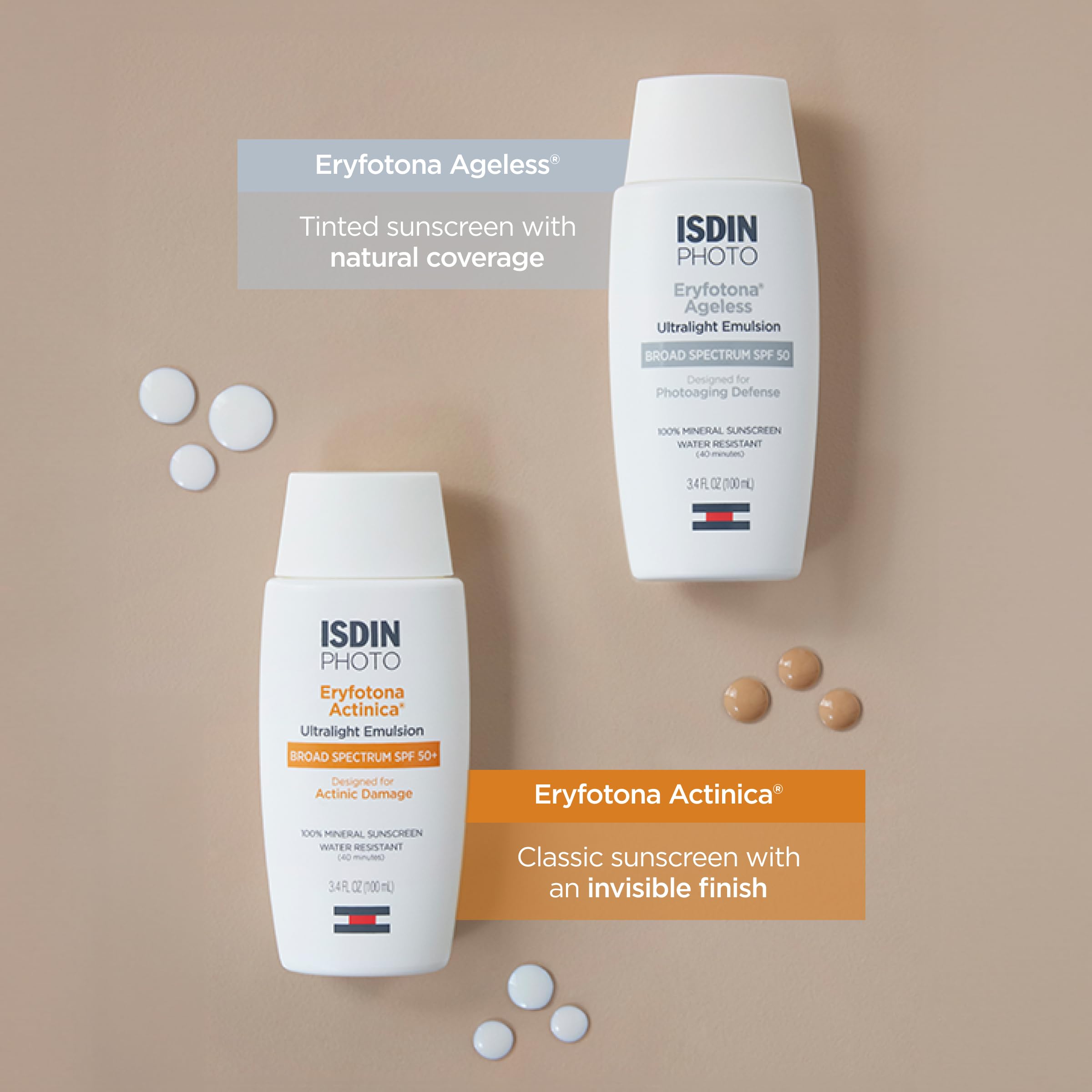 ISDIN Eryfotona Ageless tinted sunscreen water-resistant label near product.
