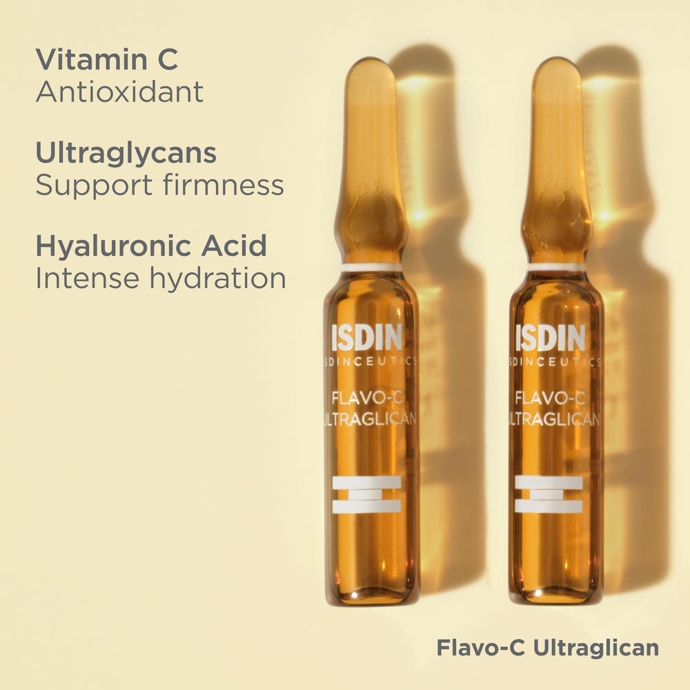 ISDIN Flavo-C Ultraglican serum box packaging reflecting Spain-developed quality.
