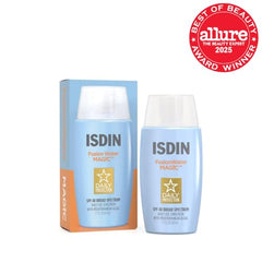 ISDIN Fusion Water MAGIC label SPF 40 highlights broad spectrum protection for daily use.