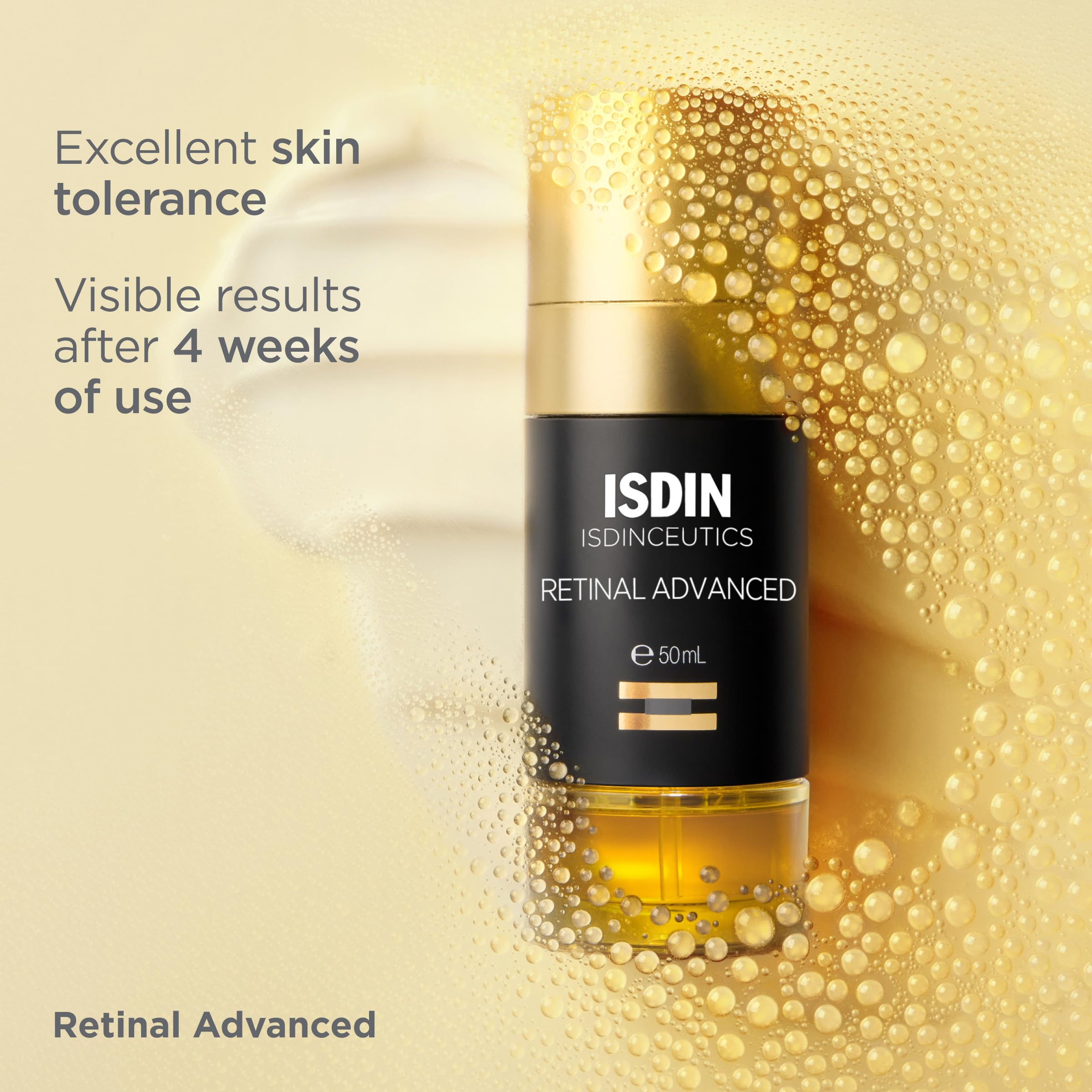 ISDIN Retinal Advanced application swirl shows dual-phase blend for night use.
