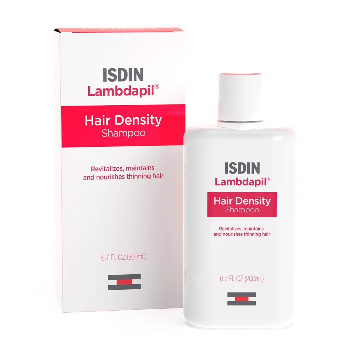 ISDIN Lambdapil shampoo bottle highlights cleansing and nourishment for thinning hair