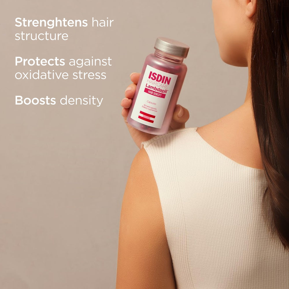 ISDIN Lambdapil taurine ingredient graphic signaling hair structure support.