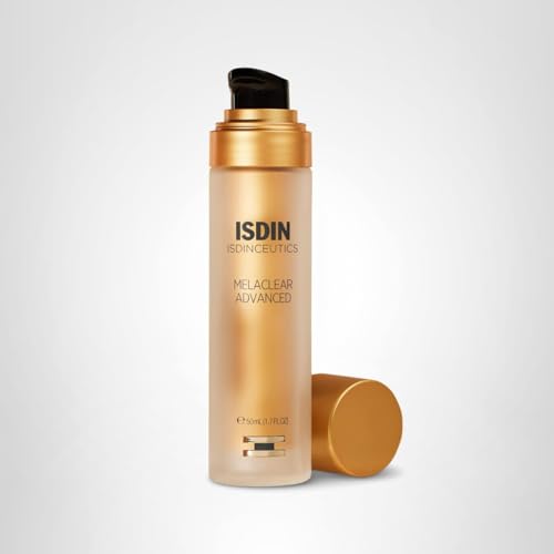 ISDIN Melaclear Advanced daily use bottle with clear labeling close-up.
