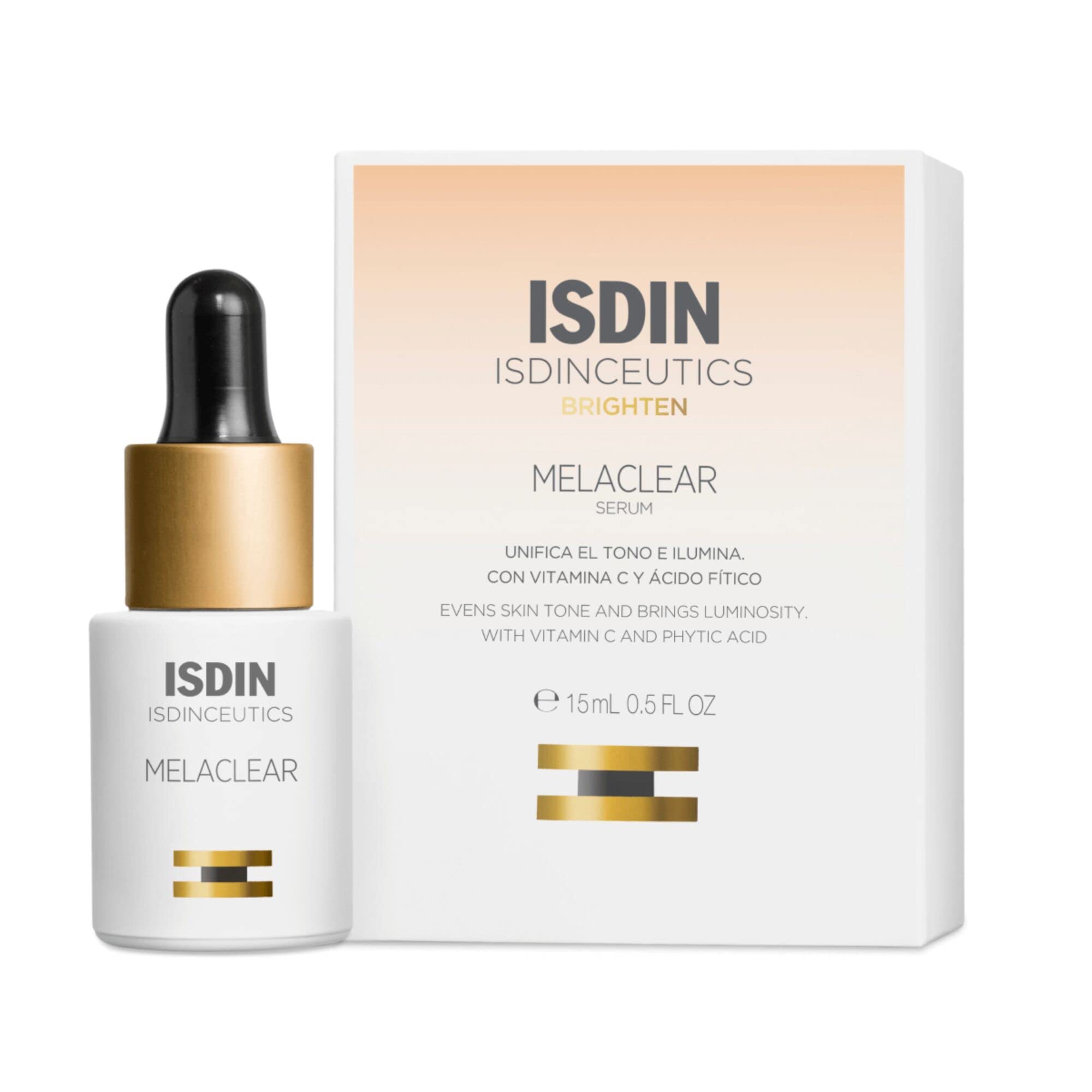 ISDIN Melaclear serum bottle pour targets dark spots with a gentle nightly brightening formula.