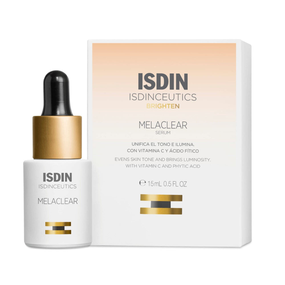 ISDIN Melaclear serum bottle pour targets dark spots with a gentle nightly brightening formula.