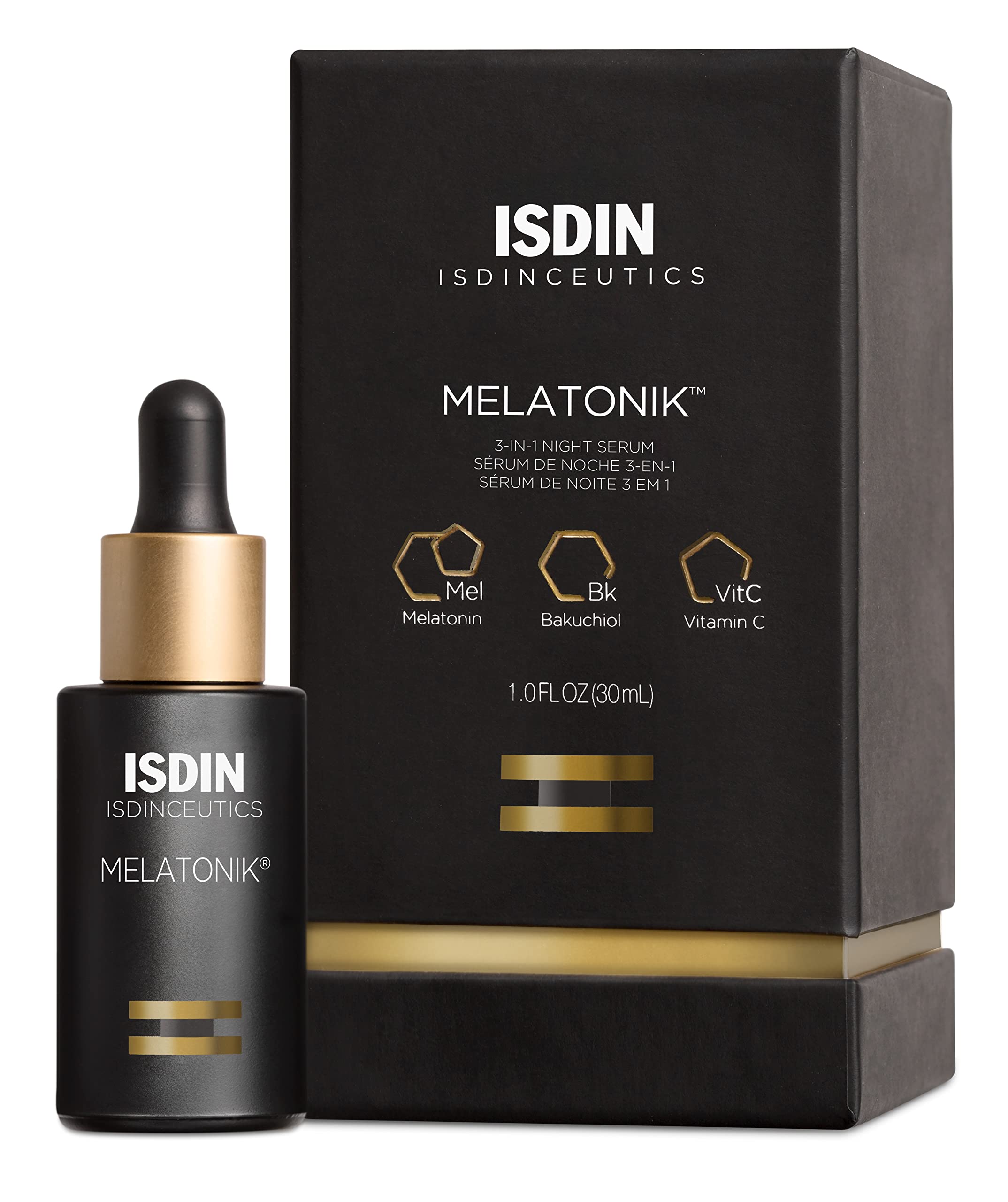 ISDIN Melatonik bottle closeup emphasizing three-in-one night repair concept