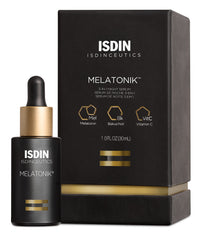 ISDIN Melatonik bottle closeup emphasizing three-in-one night repair concept