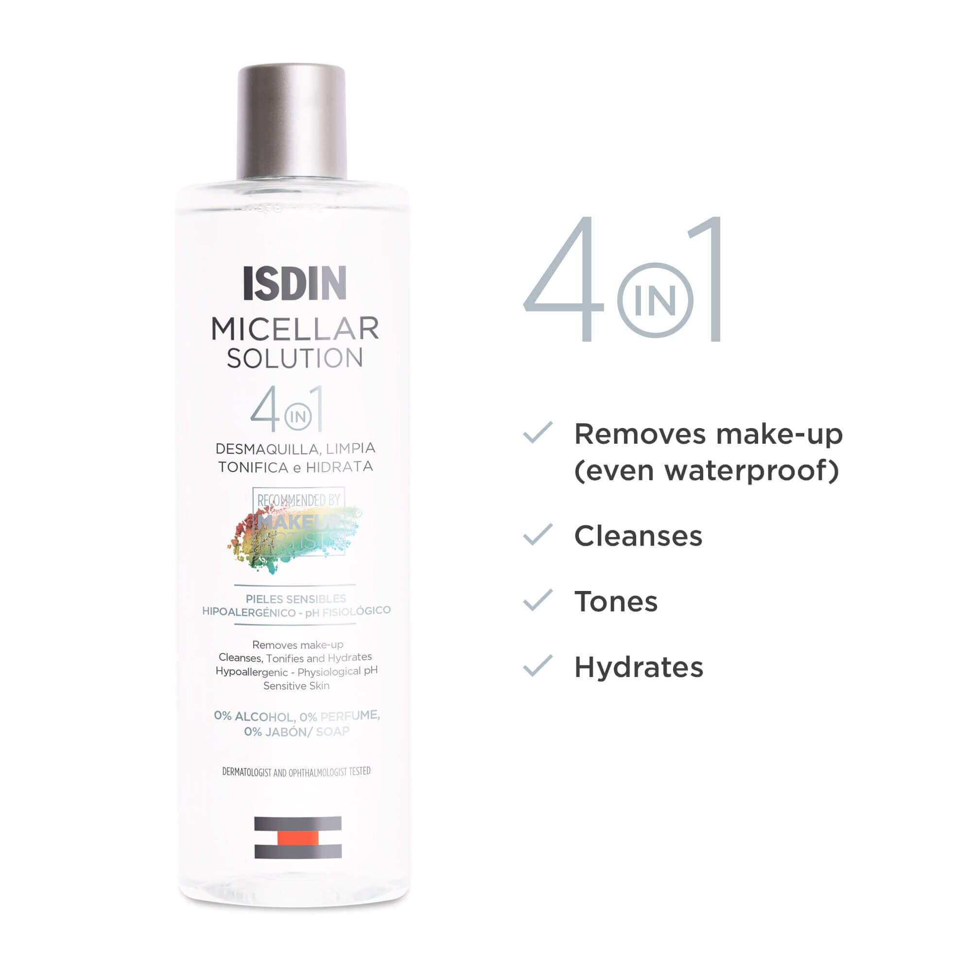 ISDIN Micellar 4-in-1 label communicates 0% alcohol, 0% soap, 0% perfume.