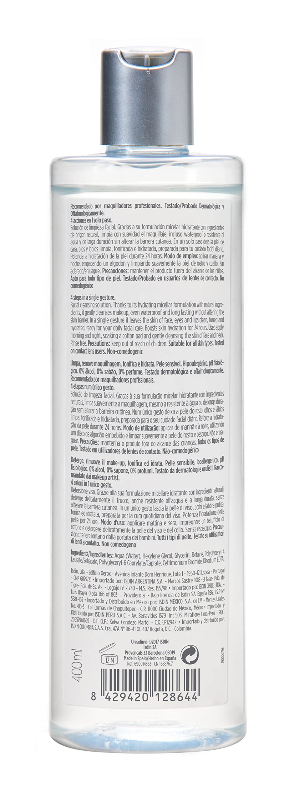 ISDIN Micellar 4-in-1 bottle on shelf suggests daily cleansing and makeup removal.
