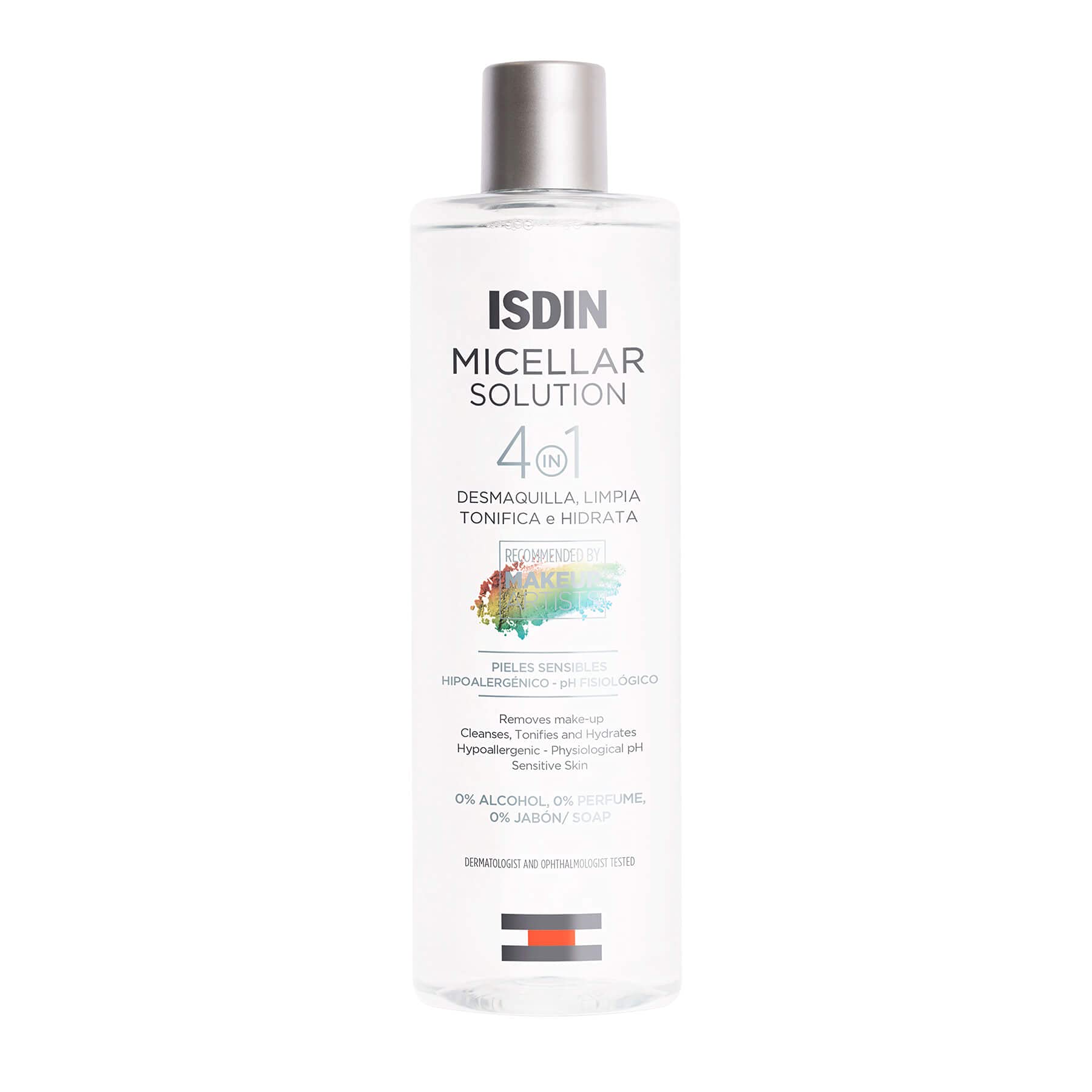 ISDIN Micellar 4-in-1 cleansing water bottle demonstrates gentle cleansing for sensitive skin.
