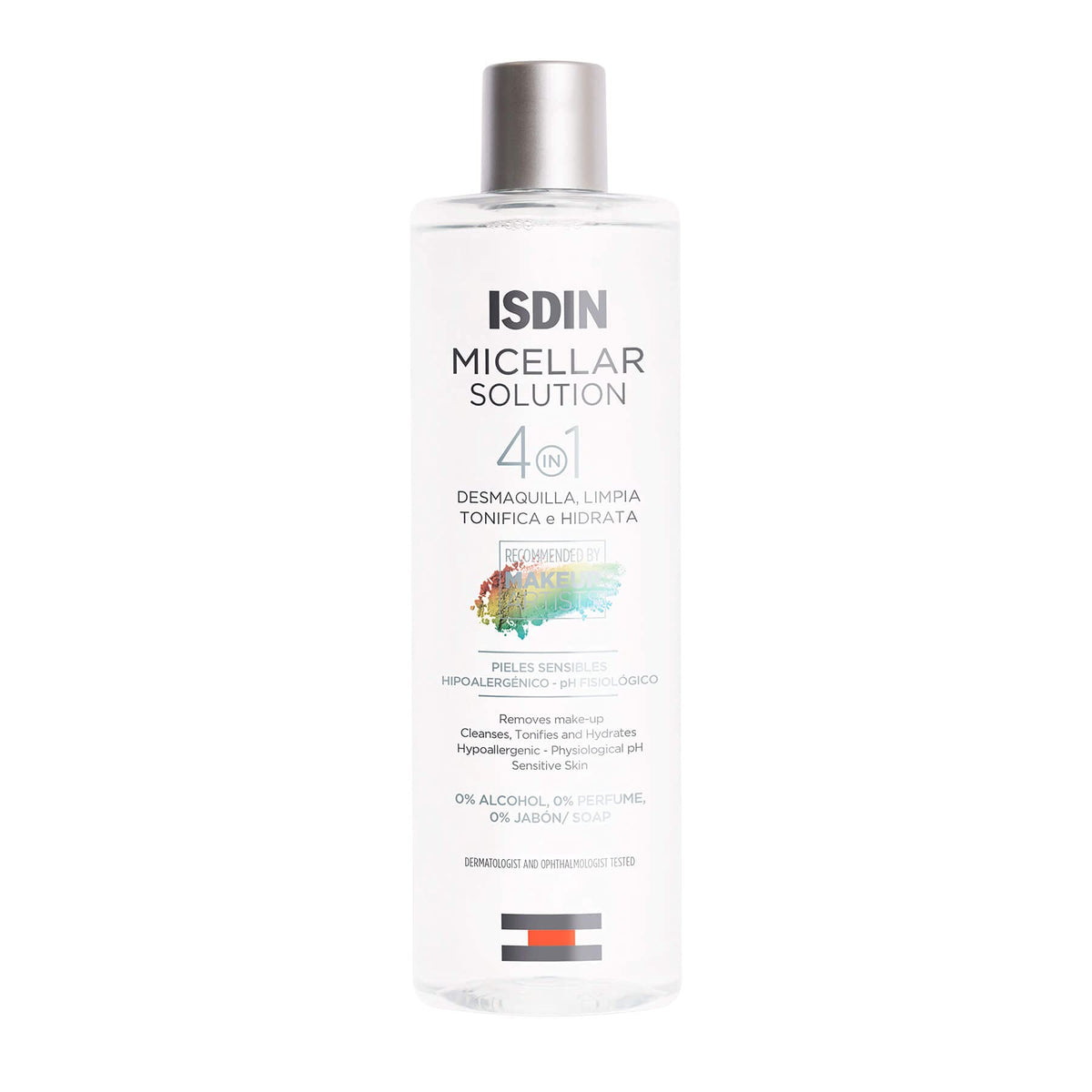 ISDIN Micellar 4-in-1 cleansing water bottle demonstrates gentle cleansing for sensitive skin.