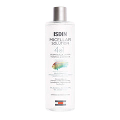 ISDIN Micellar 4-in-1 cleansing water bottle demonstrates gentle cleansing for sensitive skin.