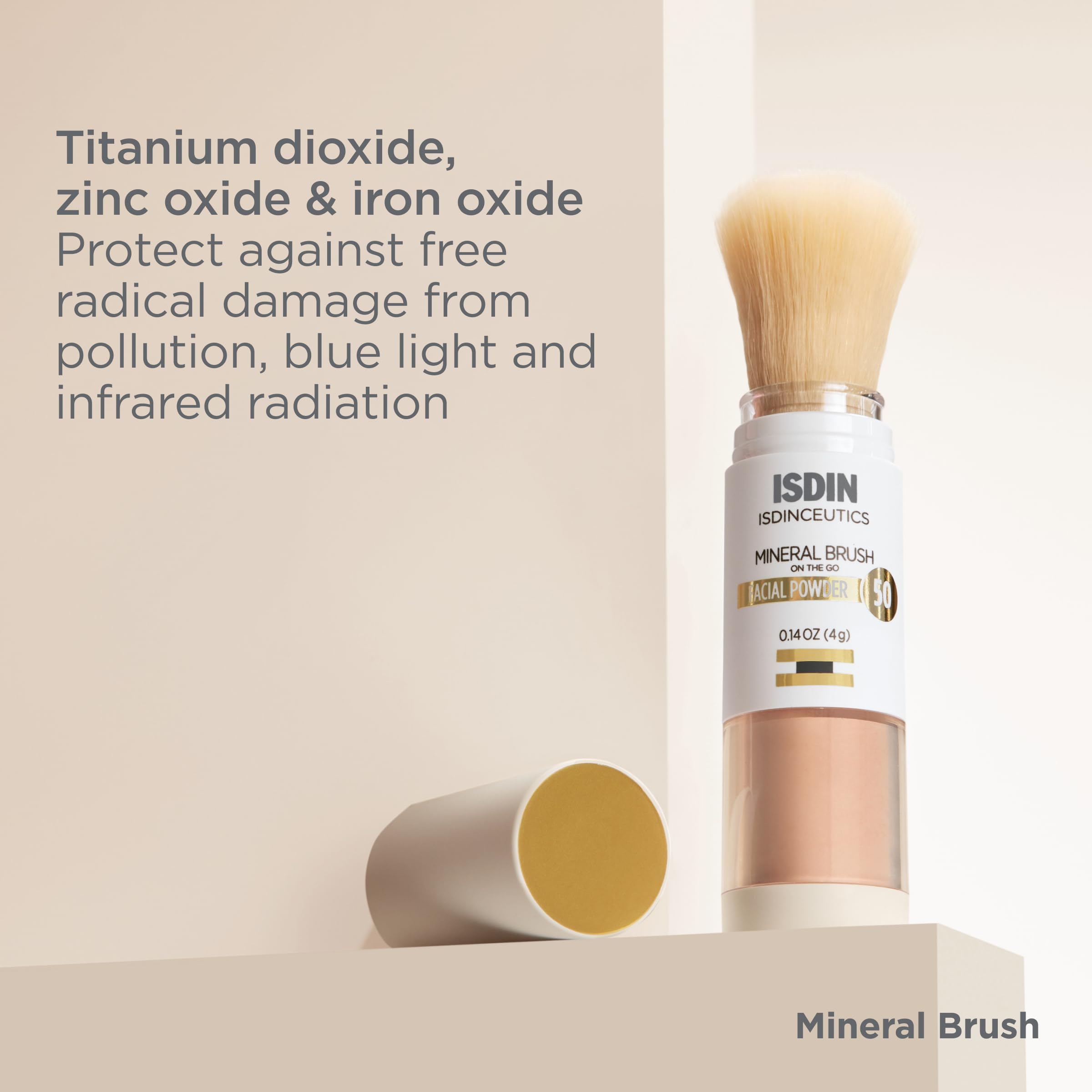 ISDIN Mineral Brush Powder texture closeup showing fine, breathable powder for sensitive skin.