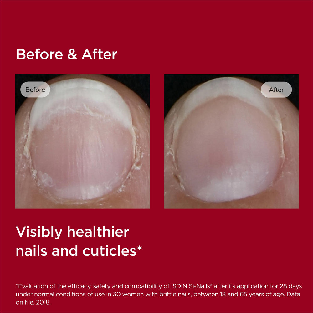 ISDIN Si-Nails texture-absorption closeup conveys fast-drying, non-greasy finish.