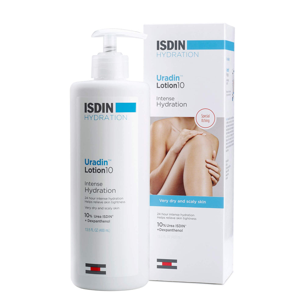 ISDIN Uradin 10 bottle front, showcasing 24-hour hydration for dry skin
