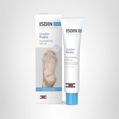ISDIN Uradin Podos travel-size bottle beside shoes for on-the-go care