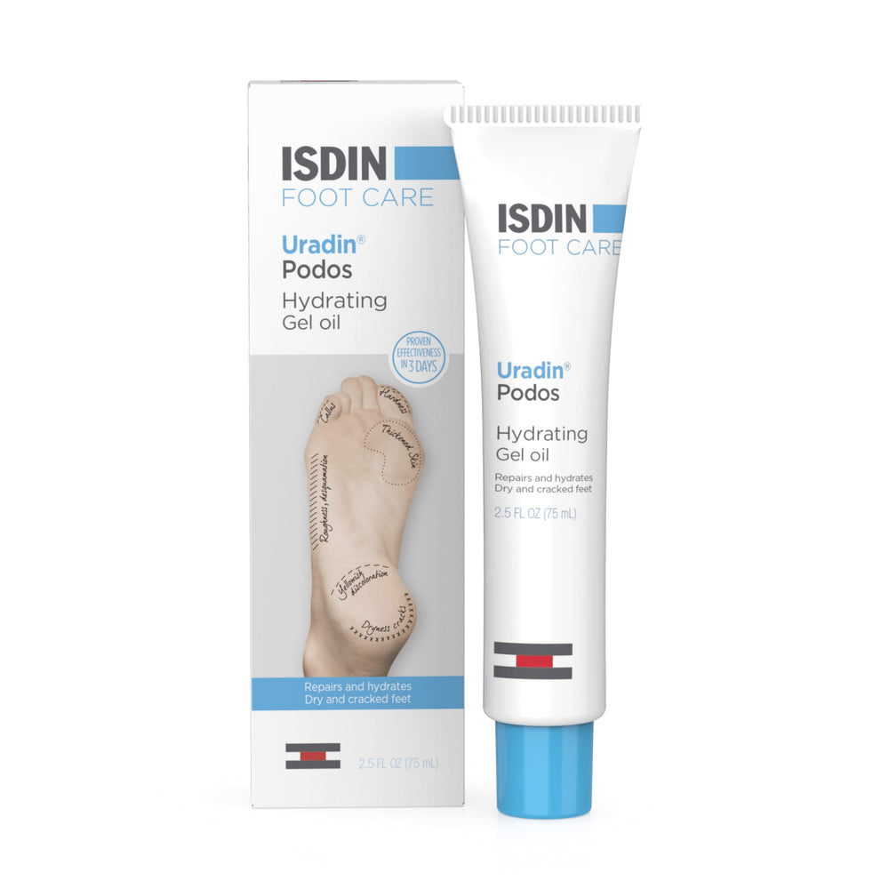 ISDIN Uradin Podos gel oil applied to a dry heel for quick hydration