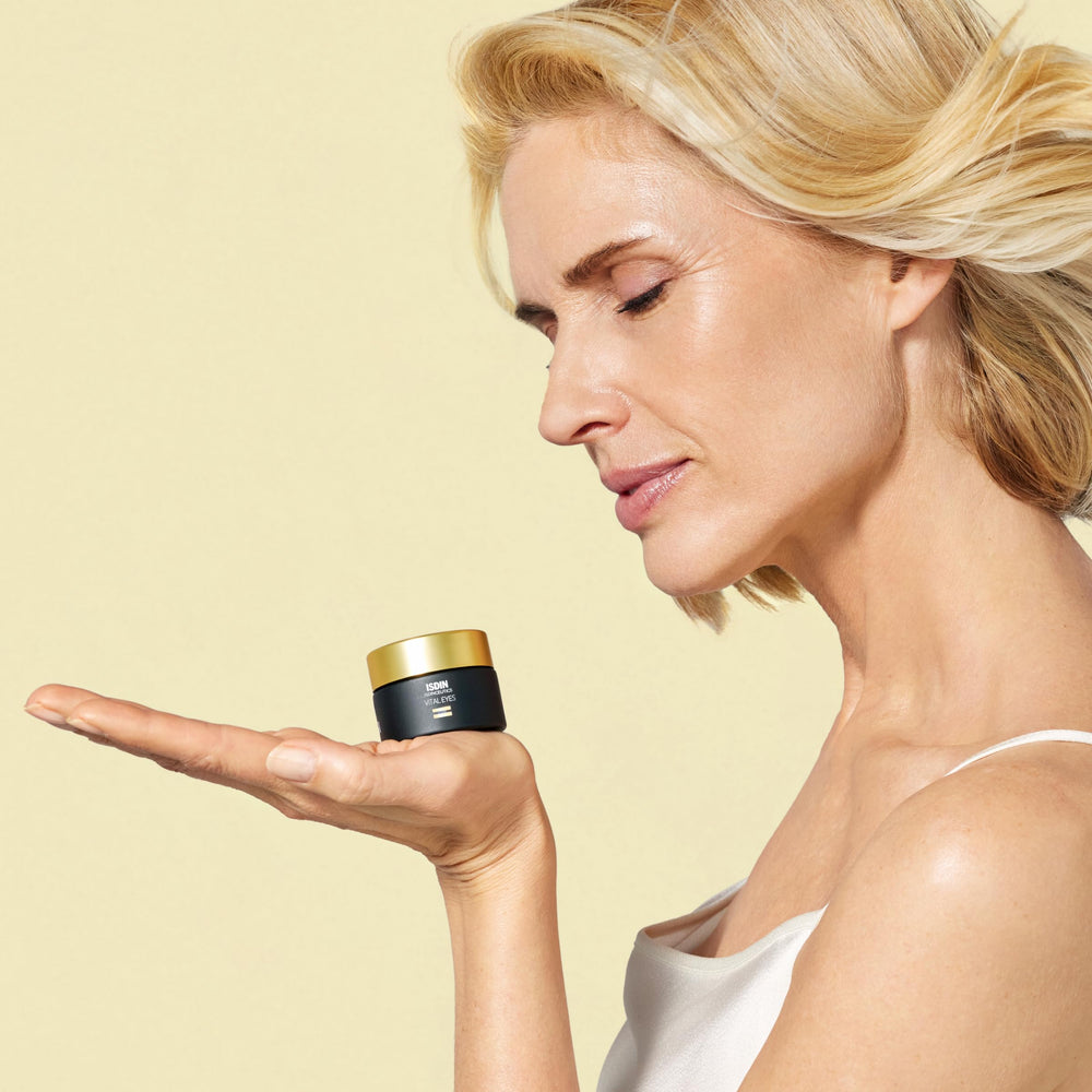 ISDIN Vital Eyes melatonin and caffeine formula supports nighttime antioxidant care.