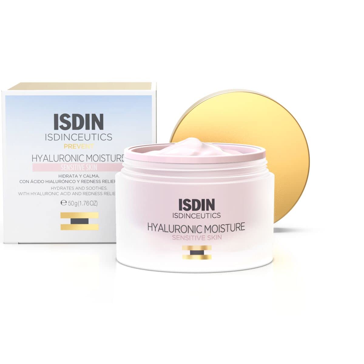 ISDIN Isdinceutics Hyaluronic Moisture Sensitive Skin bottle pour promotes hydration and redness relief.