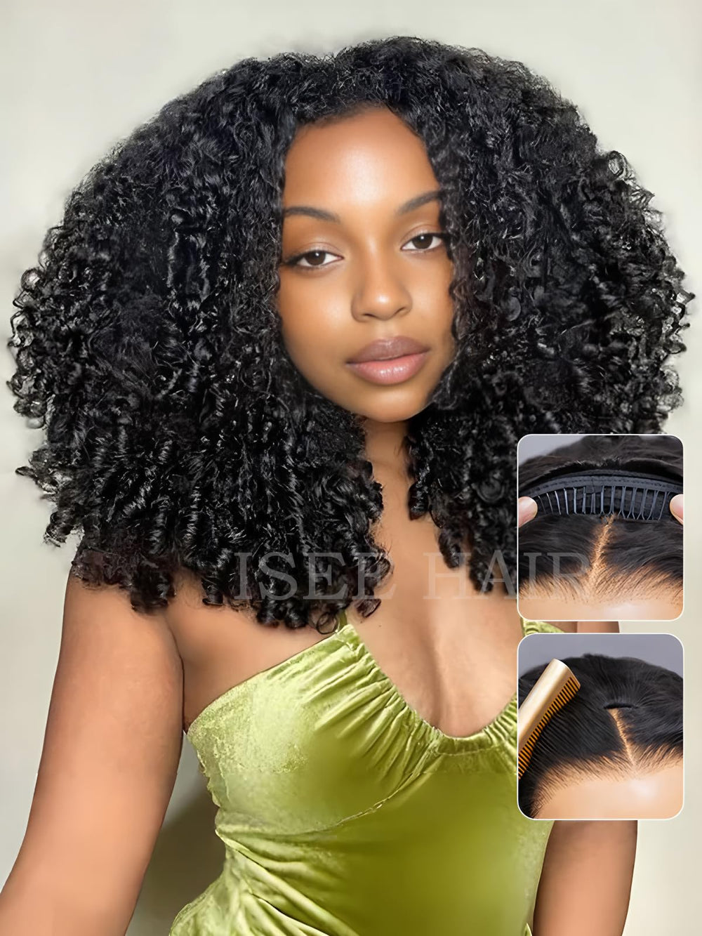 ISEE beginner-friendly glueless wig close-up emphasizes easy, glue-free wear.