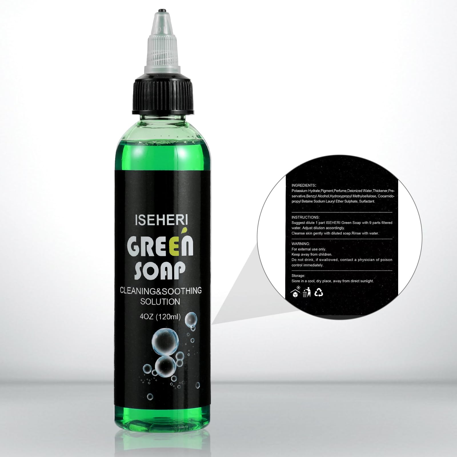 iseheri green soap label closeup shows light fragrance and hypoallergenic formula