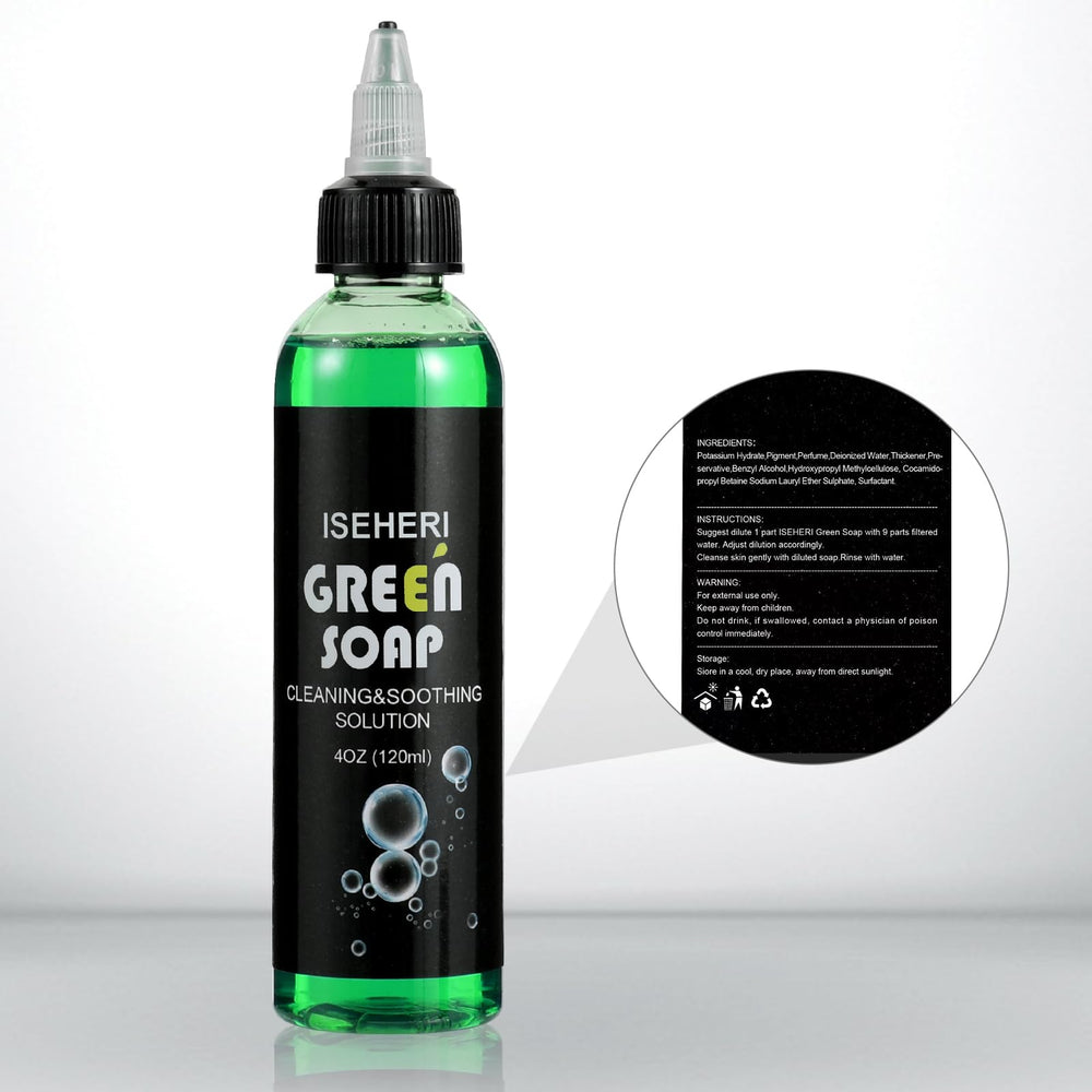 iseheri green soap label closeup shows light fragrance and hypoallergenic formula