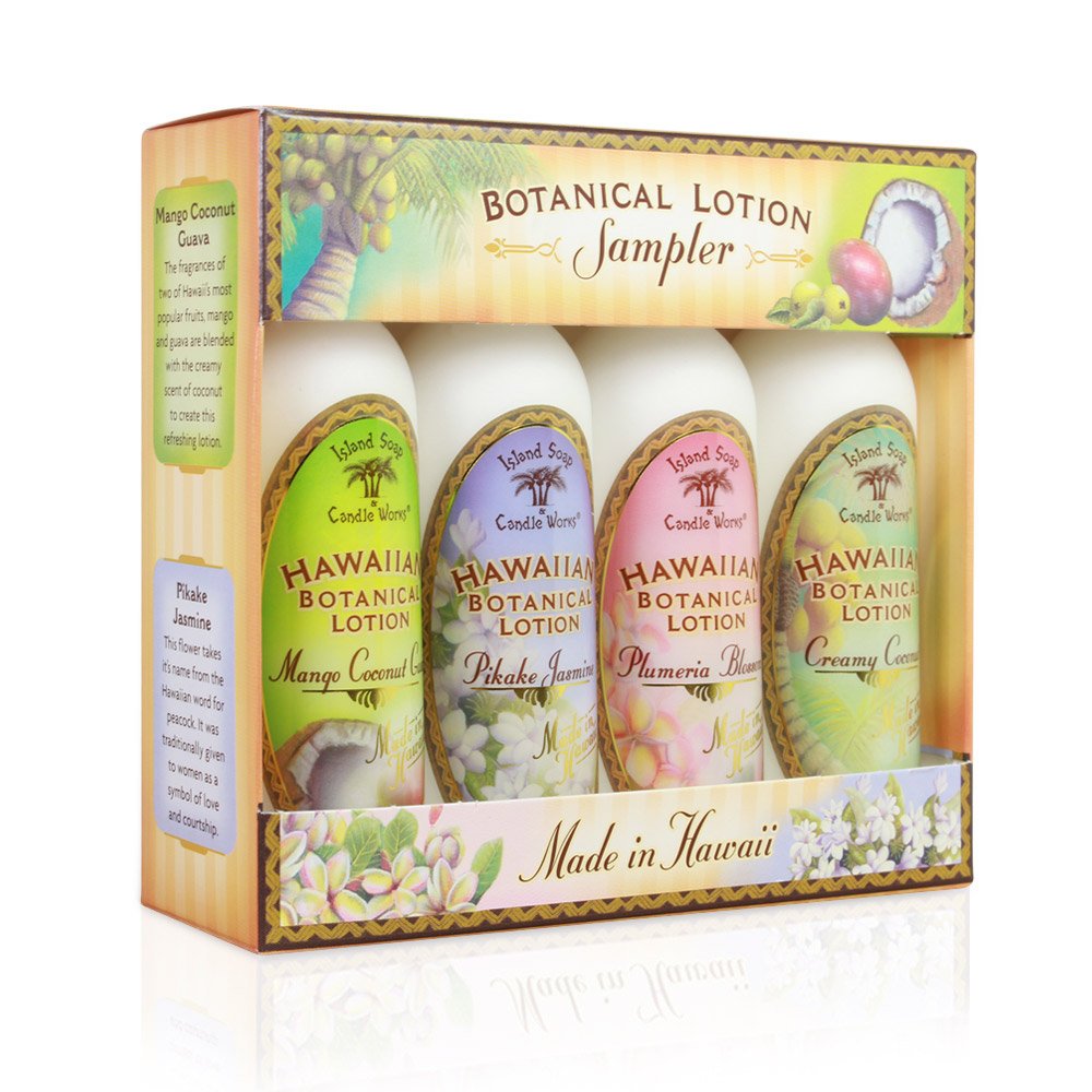 Island Soap & Candle Works travel-illustration shows botanical lotion sampler in compact size for on-the-go hydration