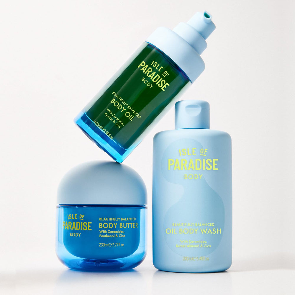 Isle of Paradise Beautifully Balanced Body Butter cica focus underscores calming, nourishing skin care.