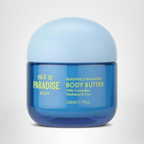 Isle of Paradise Beautifully Balanced Body Butter woody-amber scent shot conveys relaxing fragrance experience.