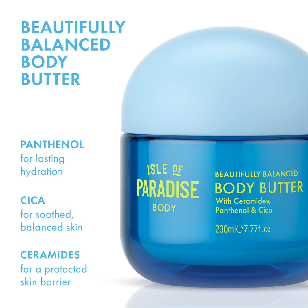 Isle of Paradise Beautifully Balanced Body Butter texture closeup shows whipped, creamy consistency for deep moisture.