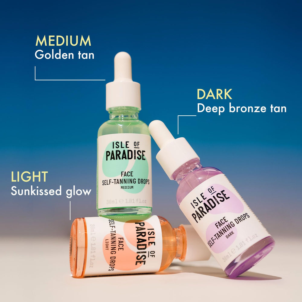 Isle of Paradise self-tanning drops applied to the face for even tone