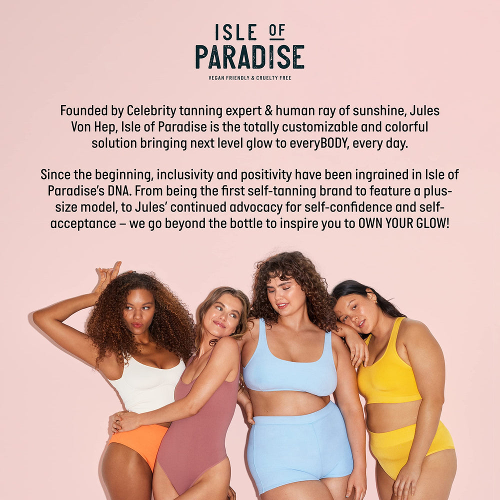 Isle of Paradise Glow Clear Self-Tanning Mousse before-and-after close-up shows natural bronze glow