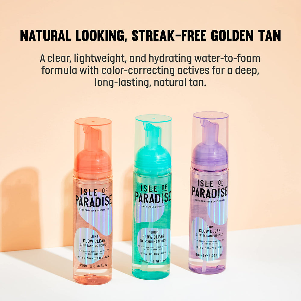 Isle of Paradise Glow Clear Self-Tanning Mousse with grapefruit, chia and avocado oils for hydration