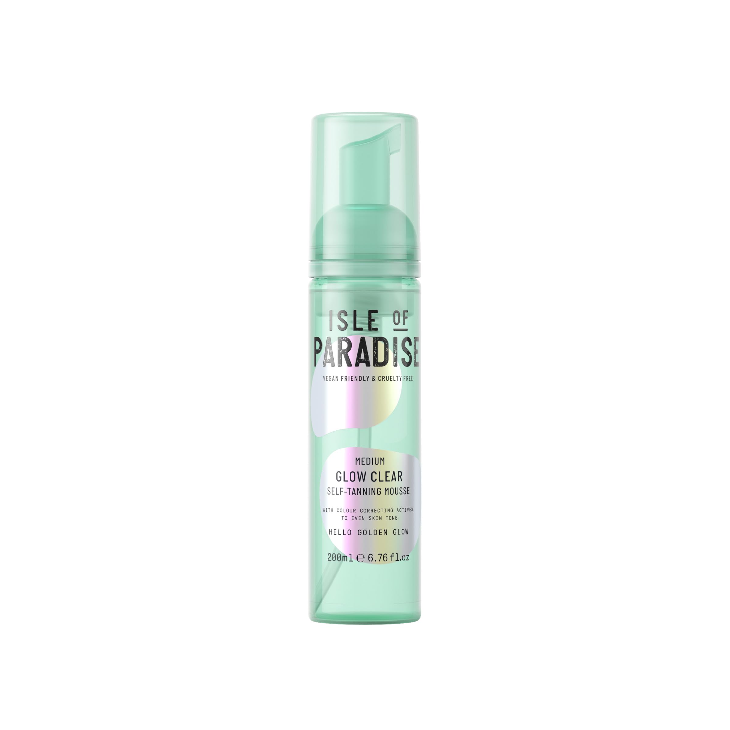 Isle of Paradise Glow Clear Mousse bottle showing transfer-free, natural-looking tan potential.