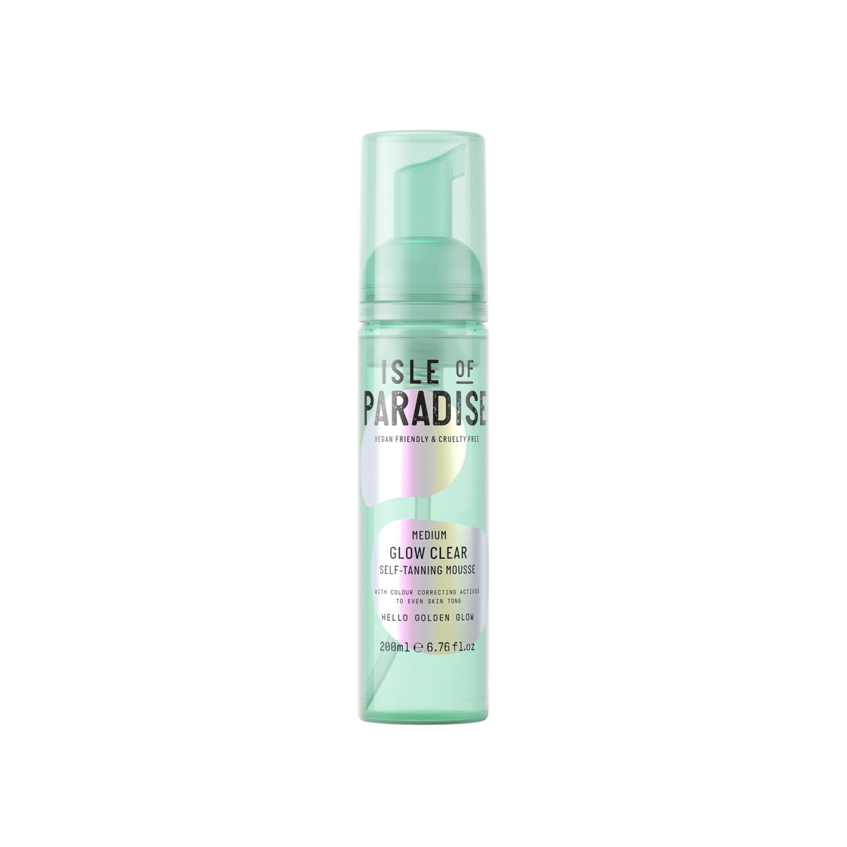 Isle of Paradise Glow Clear Mousse bottle showing transfer-free, natural-looking tan potential.