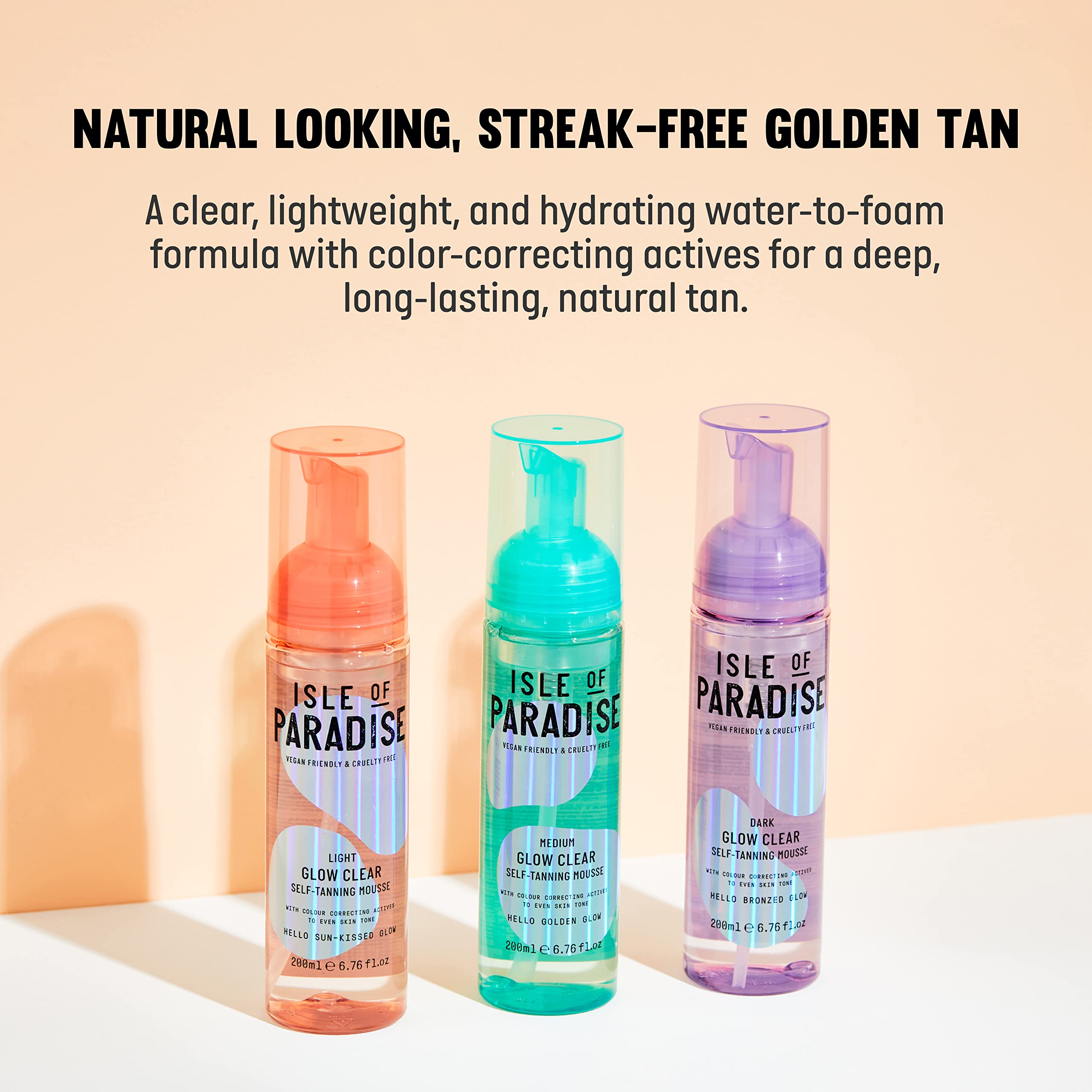 Isle of Paradise Glow Clear Mousse packaging highlights vegan formulation and hydrating actives.